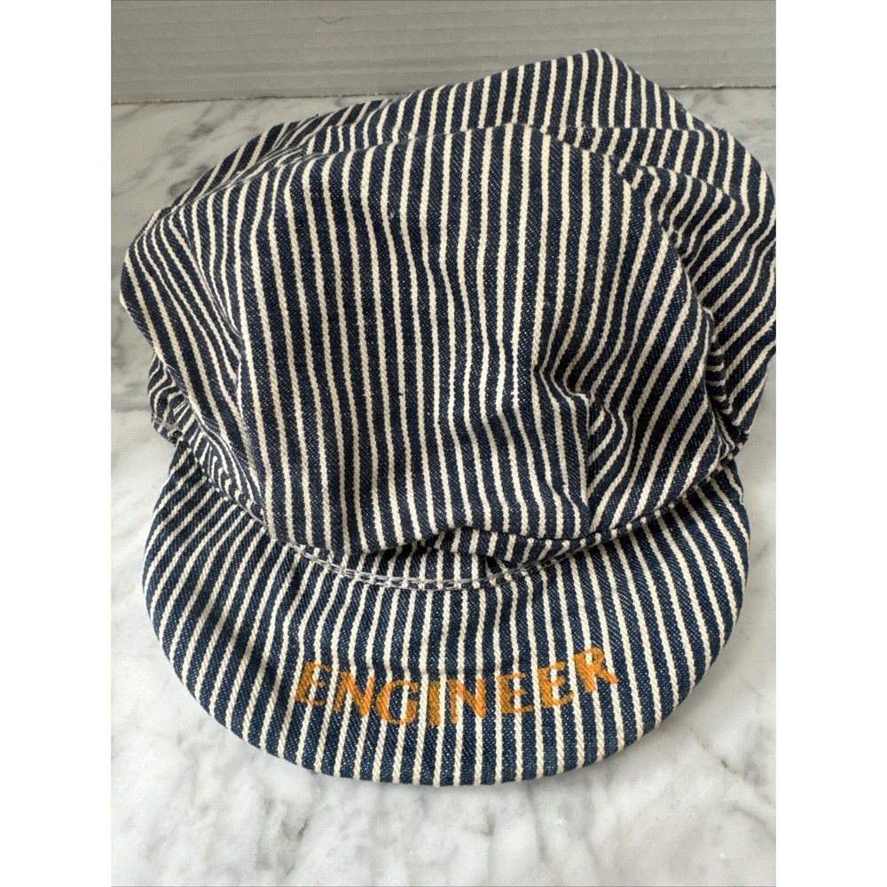 Vtg Childrens Railroad Engineer Style Blue & White Striped Cap Hat Youth‎ Kids